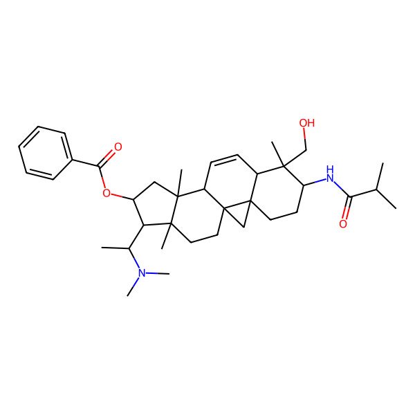 2D Structure of [15-[1-(Dimethylamino)ethyl]-7-(hydroxymethyl)-7,12,16-trimethyl-6-(2-methylpropanoylamino)-14-pentacyclo[9.7.0.01,3.03,8.012,16]octadec-9-enyl] benzoate