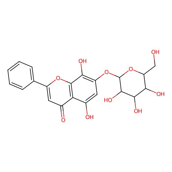 2D Structure of 5,8-dihydroxy-2-phenyl-7-[(2S,3R,4S,5S,6R)-3,4,5-trihydroxy-6-(hydroxymethyl)oxan-2-yl]oxychromen-4-one