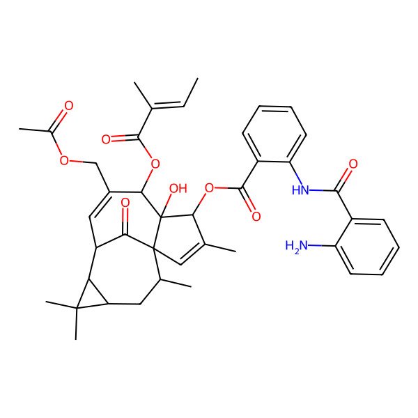 2D Structure of [(1S,4S,5R,6R,9R,10R,12R,14R)-7-(acetyloxymethyl)-5-hydroxy-3,11,11,14-tetramethyl-6-[(Z)-2-methylbut-2-enoyl]oxy-15-oxo-4-tetracyclo[7.5.1.01,5.010,12]pentadeca-2,7-dienyl] 2-[(2-aminobenzoyl)amino]benzoate