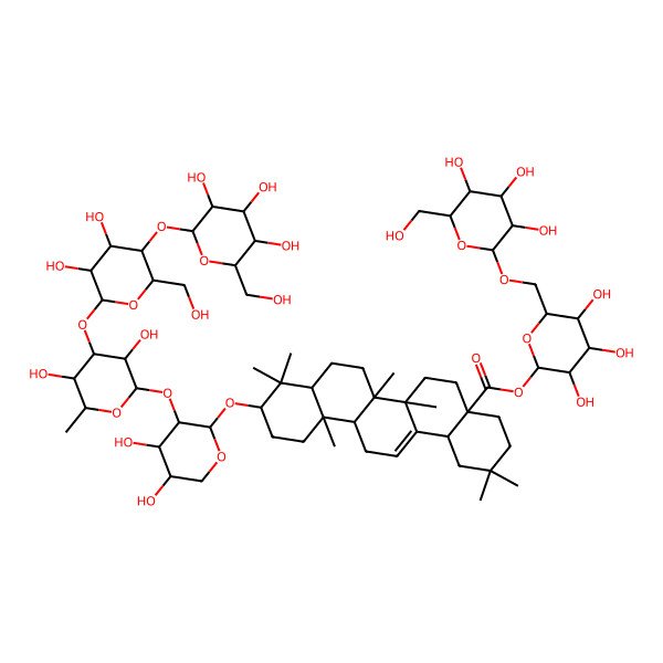 2D Structure of [(2S,3R,4S,5S,6R)-3,4,5-trihydroxy-6-[[(2S,3R,4S,5S,6R)-3,4,5-trihydroxy-6-(hydroxymethyl)oxan-2-yl]oxymethyl]oxan-2-yl] (4aS,6aR,6aS,6bR,8aR,10S,12aR,14bS)-10-[(2S,3R,4S,5R)-3-[(2S,3R,4R,5S,6S)-4-[(2S,3R,4R,5S,6R)-3,4-dihydroxy-6-(hydroxymethyl)-5-[(2S,3R,4S,5S,6R)-3,4,5-trihydroxy-6-(hydroxymethyl)oxan-2-yl]oxyoxan-2-yl]oxy-3,5-dihydroxy-6-methyloxan-2-yl]oxy-4,5-dihydroxyoxan-2-yl]oxy-2,2,6a,6b,9,9,12a-heptamethyl-1,3,4,5,6,6a,7,8,8a,10,11,12,13,14b-tetradecahydropicene-4a-carboxylate