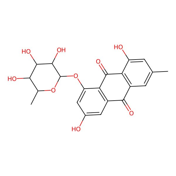 2D Structure of 9,10-Anthracenedione, 1-((6-deoxy-alpha-L-mannopyranosyl)oxy)-3,8-dihydroxy-6-methyl-