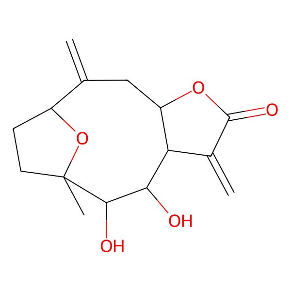 2D Structure of 9,10-Dihydroxy-11-methyl-2,7-dimethylidene-5,14-dioxatricyclo[9.2.1.04,8]tetradecan-6-one