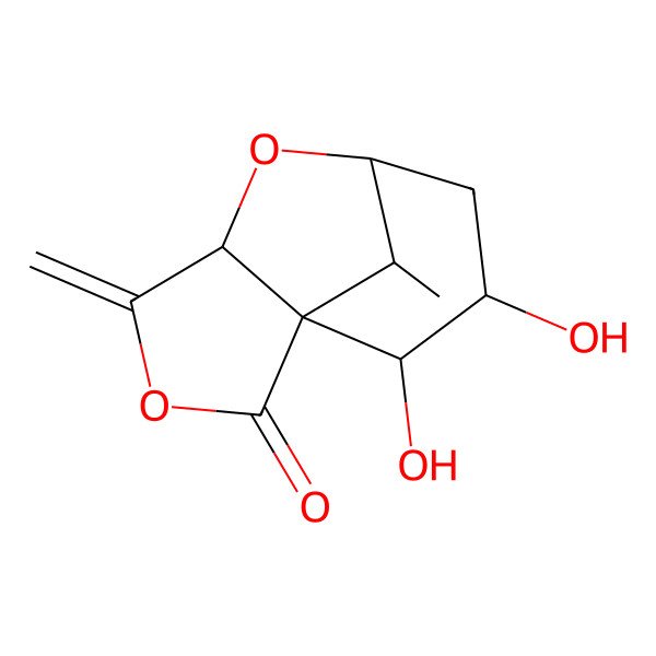 2D Structure of 9,10-Dihydroxy-11-methyl-4-methylidene-3,6-dioxatricyclo[5.3.1.01,5]undecan-2-one