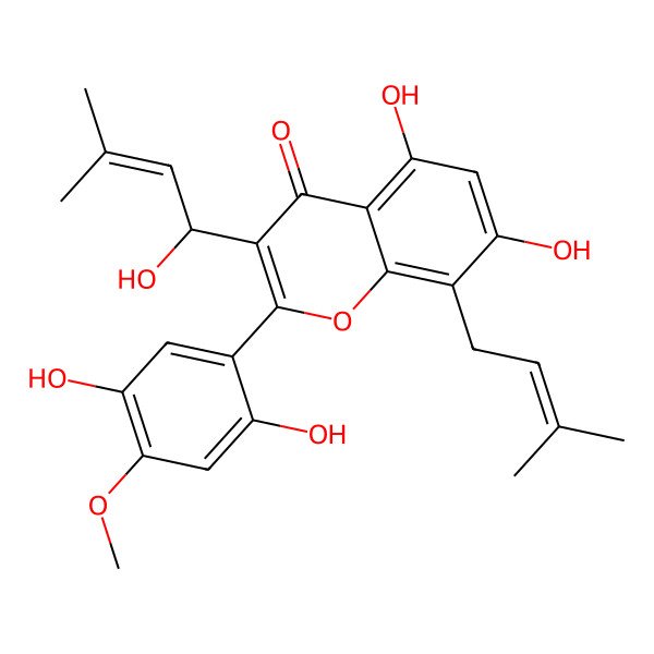 2D Structure of 2-(2,5-dihydroxy-4-methoxyphenyl)-5,7-dihydroxy-3-[(1S)-1-hydroxy-3-methylbut-2-enyl]-8-(3-methylbut-2-enyl)chromen-4-one