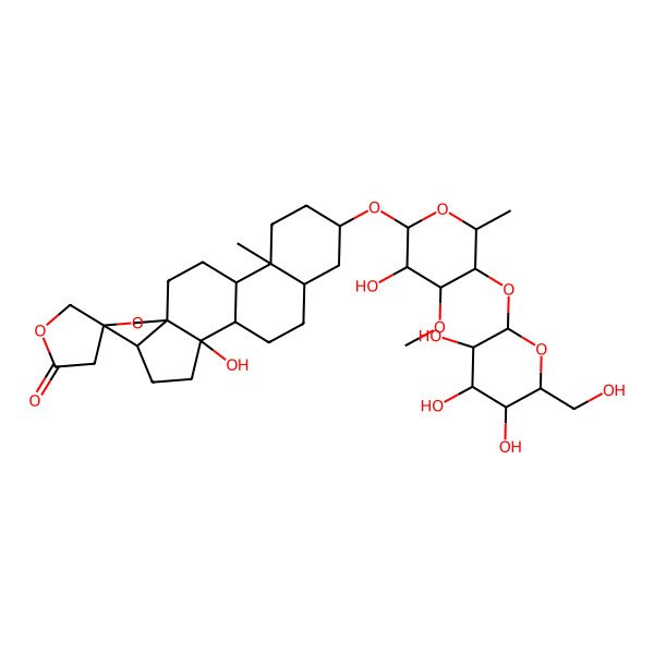 2D Structure of (1R,2S,5S,6R,9R,12S,13S,16S,18R)-2-hydroxy-16-[(2R,3S,4S,5S,6S)-3-hydroxy-4-methoxy-6-methyl-5-[(2S,3R,4S,5S,6R)-3,4,5-trihydroxy-6-(hydroxymethyl)oxan-2-yl]oxyoxan-2-yl]oxy-13-methylspiro[7-oxapentacyclo[10.8.0.02,9.05,9.013,18]icosane-6,4'-oxolane]-2'-one