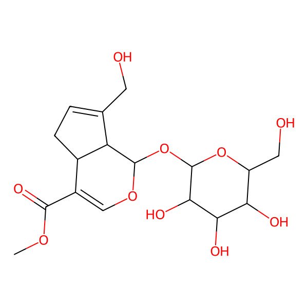 2D Structure of methyl (4aR,7aS)-7-(hydroxymethyl)-1-[3,4,5-trihydroxy-6-(hydroxymethyl)oxan-2-yl]oxy-1,4a,5,7a-tetrahydrocyclopenta[c]pyran-4-carboxylate