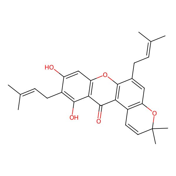 2D Structure of 9,11-Dihydroxy-3,3-dimethyl-6,10-bis(3-methylbut-2-enyl)pyrano[3,2-a]xanthen-12-one