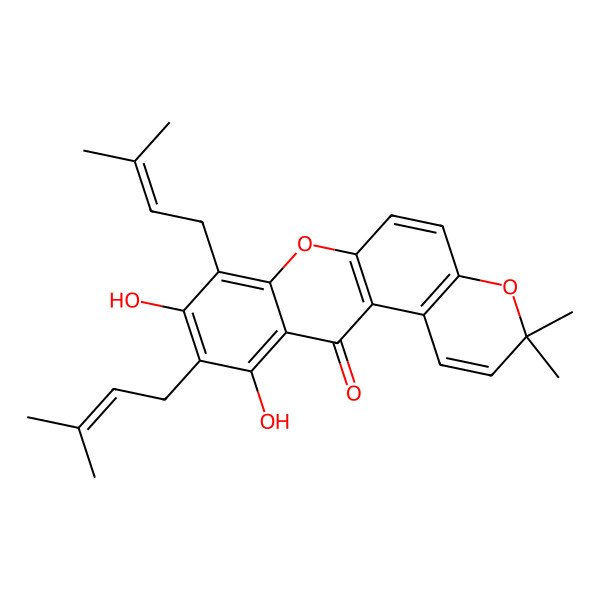 2D Structure of 9,11-Dihydroxy-3,3-dimethyl-8,10-bis(3-methylbut-2-enyl)pyrano[3,2-a]xanthen-12-one