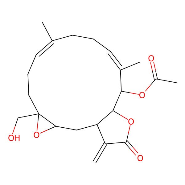 2D Structure of [(1R,3R,5S,14R,15R)-5-(hydroxymethyl)-9,13-dimethyl-18-methylidene-17-oxo-4,16-dioxatricyclo[13.3.0.03,5]octadeca-8,12-dien-14-yl] acetate