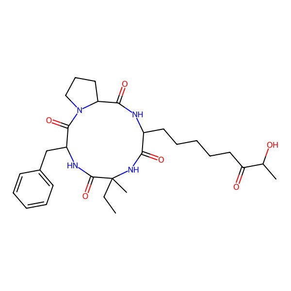 2D Structure of 3-Benzyl-6-ethyl-9-(7-hydroxy-6-oxooctyl)-6-methyl-1,4,7,10-tetrazabicyclo[10.3.0]pentadecane-2,5,8,11-tetrone