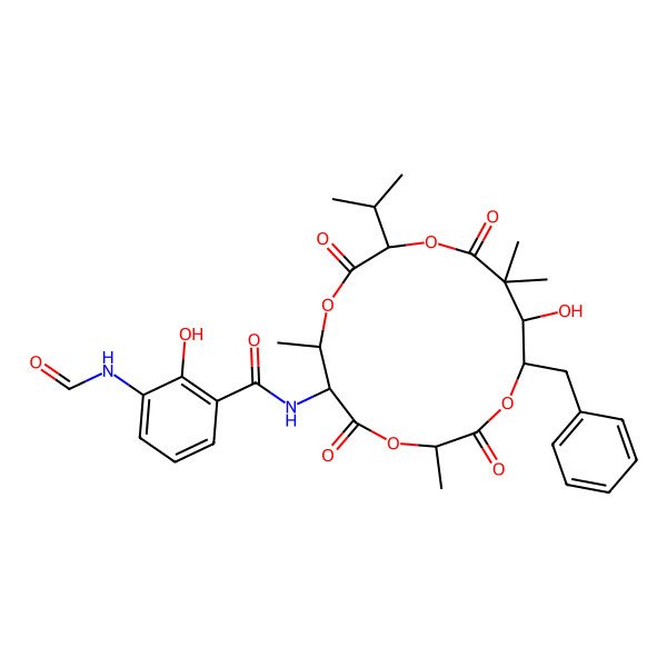 2D Structure of N-[(3S,6S,7S,10S,14R,15S)-15-benzyl-14-hydroxy-3,7,13,13-tetramethyl-2,5,9,12-tetraoxo-10-propan-2-yl-1,4,8,11-tetraoxacyclopentadec-6-yl]-3-formamido-2-hydroxybenzamide