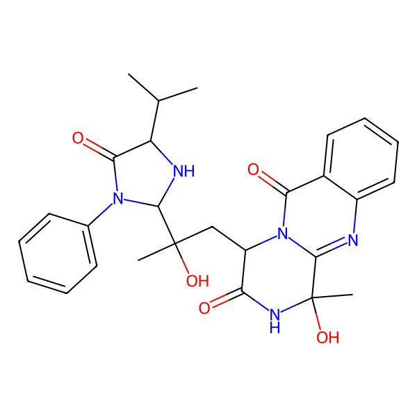2D Structure of 1-Hydroxy-4-[2-hydroxy-2-(5-oxo-1-phenyl-4-propan-2-ylimidazolidin-2-yl)propyl]-1-methyl-2,4-dihydropyrazino[2,1-b]quinazoline-3,6-dione