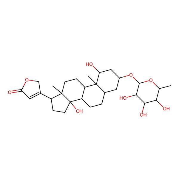 2D Structure of 3-[1,14-dihydroxy-10,13-dimethyl-3-(3,4,5-trihydroxy-6-methyloxan-2-yl)oxy-1,2,3,4,5,6,7,8,9,11,12,15,16,17-tetradecahydrocyclopenta[a]phenanthren-17-yl]-2H-furan-5-one