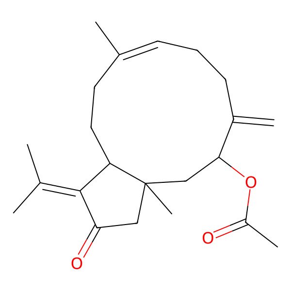 2D Structure of [(3aR,5S,9E,12aS)-3a,10-dimethyl-6-methylidene-2-oxo-1-propan-2-ylidene-3,4,5,7,8,11,12,12a-octahydrocyclopenta[11]annulen-5-yl] acetate