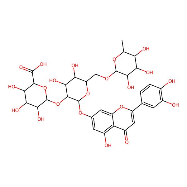 2D Structure of 6-[2-[2-(3,4-Dihydroxyphenyl)-5-hydroxy-4-oxochromen-7-yl]oxy-4,5-dihydroxy-6-[(3,4,5-trihydroxy-6-methyloxan-2-yl)oxymethyl]oxan-3-yl]oxy-3,4,5-trihydroxyoxane-2-carboxylic acid