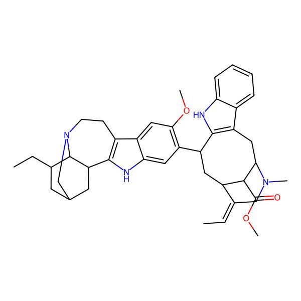 2D Structure of methyl (1S,12R,14S,15E,18S)-15-ethylidene-12-[(1R,15S,17S,18S)-17-ethyl-7-methoxy-3,13-diazapentacyclo[13.3.1.02,10.04,9.013,18]nonadeca-2(10),4,6,8-tetraen-6-yl]-17-methyl-10,17-diazatetracyclo[12.3.1.03,11.04,9]octadeca-3(11),4,6,8-tetraene-18-carboxylate