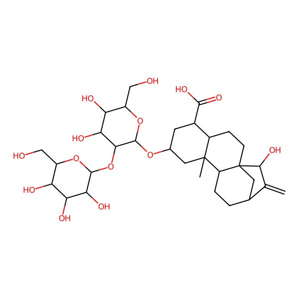 2D Structure of 7-[4,5-Dihydroxy-6-(hydroxymethyl)-3-[3,4,5-trihydroxy-6-(hydroxymethyl)oxan-2-yl]oxyoxan-2-yl]oxy-15-hydroxy-9-methyl-14-methylidenetetracyclo[11.2.1.01,10.04,9]hexadecane-5-carboxylic acid