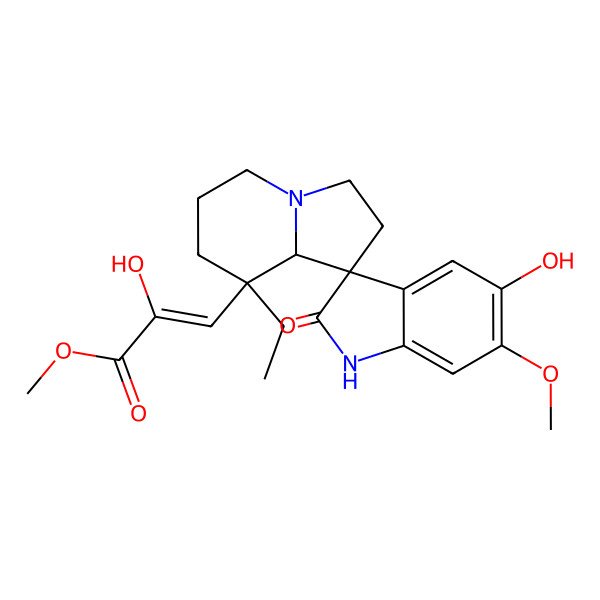 2D Structure of methyl (Z)-3-[(3R,8'S,8'aS)-8'-ethyl-5-hydroxy-6-methoxy-2-oxospiro[1H-indole-3,1'-2,3,5,6,7,8a-hexahydroindolizine]-8'-yl]-2-hydroxyprop-2-enoate