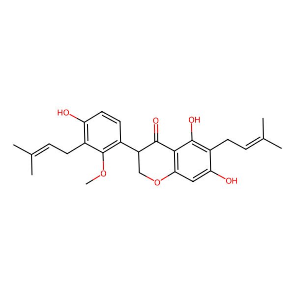2D Structure of (3S)-5,7-dihydroxy-3-[4-hydroxy-2-methoxy-3-(3-methylbut-2-enyl)phenyl]-6-(3-methylbut-2-enyl)-2,3-dihydrochromen-4-one