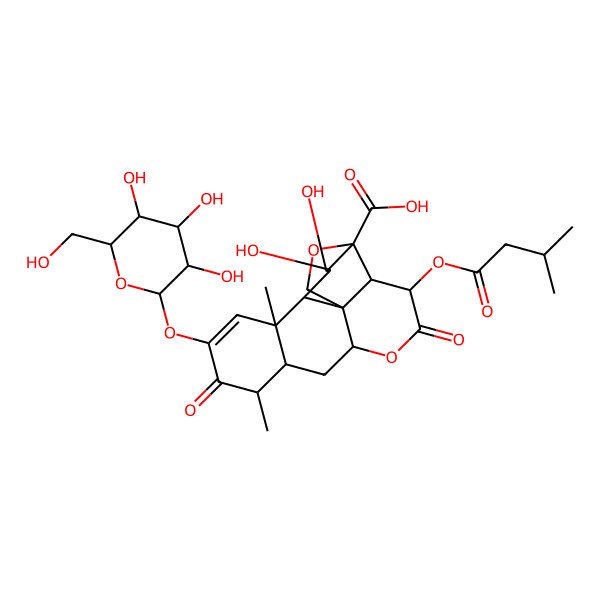 2D Structure of 15,16-Dihydroxy-9,13-dimethyl-3-(3-methylbutanoyloxy)-4,10-dioxo-11-[3,4,5-trihydroxy-6-(hydroxymethyl)oxan-2-yl]oxy-5,18-dioxapentacyclo[12.5.0.01,6.02,17.08,13]nonadec-11-ene-17-carboxylic acid