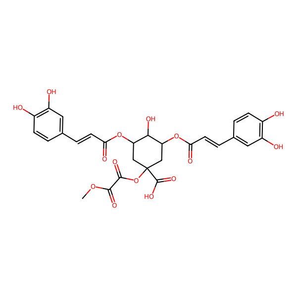 2D Structure of 3,5-Bis[3-(3,4-dihydroxyphenyl)prop-2-enoyloxy]-4-hydroxy-1-(2-methoxy-2-oxoacetyl)oxycyclohexane-1-carboxylic acid