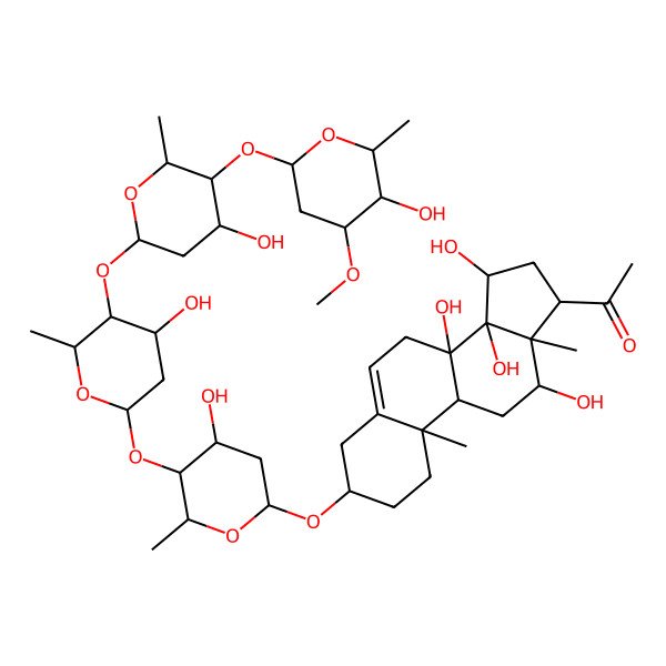 2D Structure of 1-[(3S,8S,9R,10R,12R,13S,14S,15R,17R)-8,12,14,15-tetrahydroxy-3-[(2R,4S,5S,6R)-4-hydroxy-5-[(2S,4S,5S,6R)-4-hydroxy-5-[(2S,4S,5S,6R)-4-hydroxy-5-[(2S,4R,5R,6R)-5-hydroxy-4-methoxy-6-methyloxan-2-yl]oxy-6-methyloxan-2-yl]oxy-6-methyloxan-2-yl]oxy-6-methyloxan-2-yl]oxy-10,13-dimethyl-2,3,4,7,9,11,12,15,16,17-decahydro-1H-cyclopenta[a]phenanthren-17-yl]ethanone