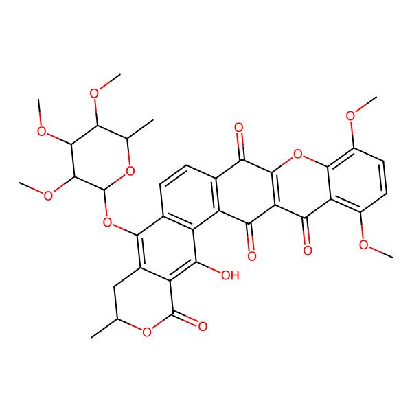 2D Structure of 3-Hydroxy-19,22-dimethoxy-7-methyl-10-(3,4,5-trimethoxy-6-methyloxan-2-yl)oxy-6,17-dioxahexacyclo[12.12.0.02,11.04,9.016,25.018,23]hexacosa-1(14),2(11),3,9,12,16(25),18,20,22-nonaene-5,15,24,26-tetrone