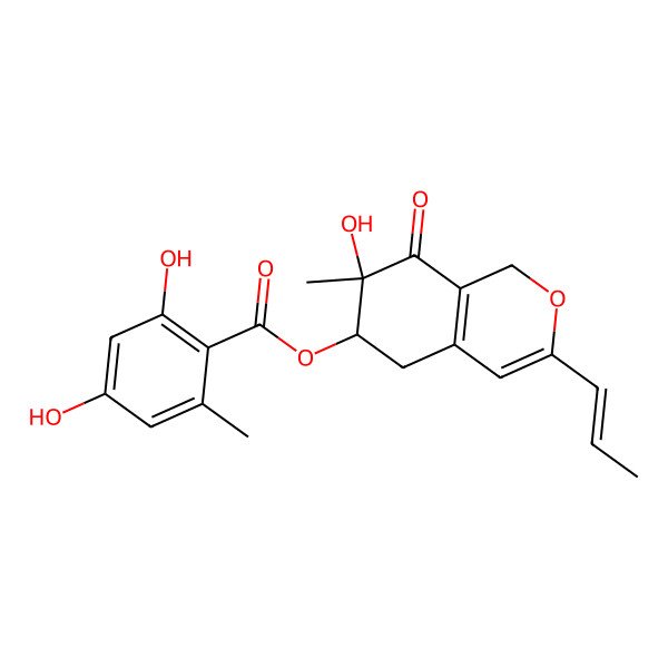 2D Structure of (7-hydroxy-7-methyl-8-oxo-3-prop-1-enyl-5,6-dihydro-1H-isochromen-6-yl) 2,4-dihydroxy-6-methylbenzoate
