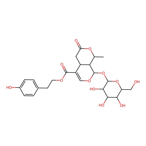 2D Structure of 2-(4-hydroxyphenyl)ethyl (1R,4aS,8S,8aS)-1-methyl-3-oxo-8-[(2S,3R,4S,5S,6R)-3,4,5-trihydroxy-6-(hydroxymethyl)oxan-2-yl]oxy-4,4a,8,8a-tetrahydro-1H-pyrano[3,4-c]pyran-5-carboxylate