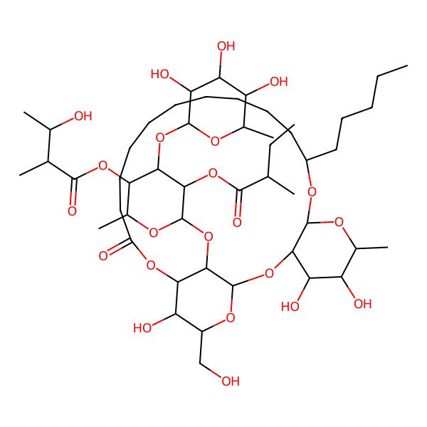 2D Structure of [2-Methyl-5-(2-methylbutanoyloxy)-6-[[4,5,23-trihydroxy-24-(hydroxymethyl)-6-methyl-20-oxo-10-pentyl-2,7,9,21,25-pentaoxatricyclo[20.3.1.03,8]hexacosan-26-yl]oxy]-4-(3,4,5-trihydroxy-6-methyloxan-2-yl)oxyoxan-3-yl] 3-hydroxy-2-methylbutanoate