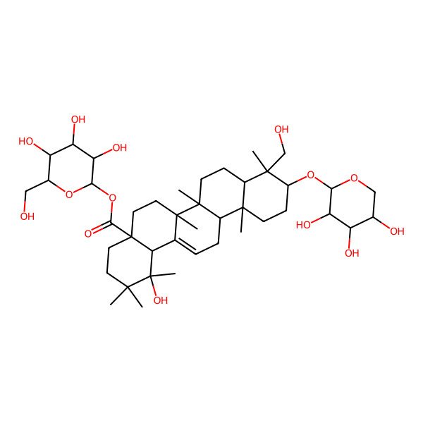 2D Structure of [(2S,3R,4S,5S,6R)-3,4,5-trihydroxy-6-(hydroxymethyl)oxan-2-yl] (1S,4aR,6aR,6aS,6bR,8aR,9R,10S,12aR,14bS)-1-hydroxy-9-(hydroxymethyl)-1,2,2,6a,6b,9,12a-heptamethyl-10-[(2S,3R,4S,5S)-3,4,5-trihydroxyoxan-2-yl]oxy-4,5,6,6a,7,8,8a,10,11,12,13,14b-dodecahydro-3H-picene-4a-carboxylate