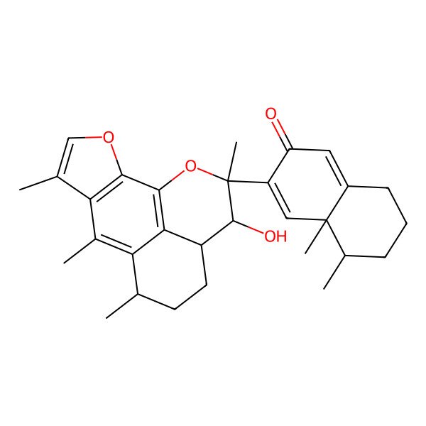 2D Structure of 3-(6-Hydroxy-2,7,13,15-tetramethyl-8,11-dioxatetracyclo[7.6.1.05,16.010,14]hexadeca-1(16),9,12,14-tetraen-7-yl)-4a,5-dimethyl-5,6,7,8-tetrahydronaphthalen-2-one