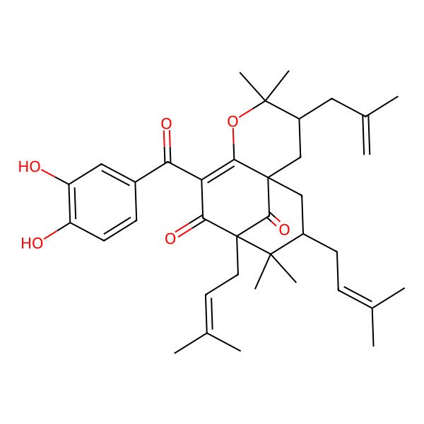 2D Structure of 7-(3,4-Dihydroxybenzoyl)-4,4,10,10-tetramethyl-9,11-bis(3-methylbut-2-enyl)-3-(2-methylprop-2-enyl)-5-oxatricyclo[7.3.1.01,6]tridec-6-ene-8,13-dione
