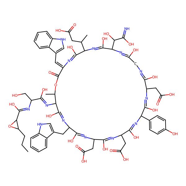 2D Structure of 3-[15,21,24-tris(carboxymethyl)-30-[[1,3-dihydroxy-2-[[hydroxy-(3-propyloxiran-2-yl)methylidene]amino]propylidene]amino]-9-(1,2-dihydroxy-2-iminoethyl)-5,8,11,14,17,20,23,26,29-nonahydroxy-18-(4-hydroxyphenyl)-27-(1H-indol-3-ylmethyl)-3-(1H-indol-3-ylmethylidene)-31-methyl-2-oxo-1-oxa-4,7,10,13,16,19,22,25,28-nonazacyclohentriaconta-4,7,10,13,16,19,22,25,28-nonaen-6-yl]butanoic acid