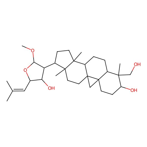 2D Structure of (2R,3S,4S)-4-[(1S,3R,6S,7S,8R,11S,12S,15R,16R)-6-hydroxy-7-(hydroxymethyl)-7,12,16-trimethyl-15-pentacyclo[9.7.0.01,3.03,8.012,16]octadecanyl]-5-methoxy-2-(2-methylprop-1-enyl)oxolan-3-ol
