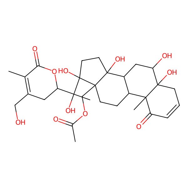 2D Structure of [5,6,14,17-tetrahydroxy-17-[1-hydroxy-1-[4-(hydroxymethyl)-5-methyl-6-oxo-2,3-dihydropyran-2-yl]ethyl]-10-methyl-1-oxo-6,7,8,9,11,12,15,16-octahydro-4H-cyclopenta[a]phenanthren-13-yl]methyl acetate