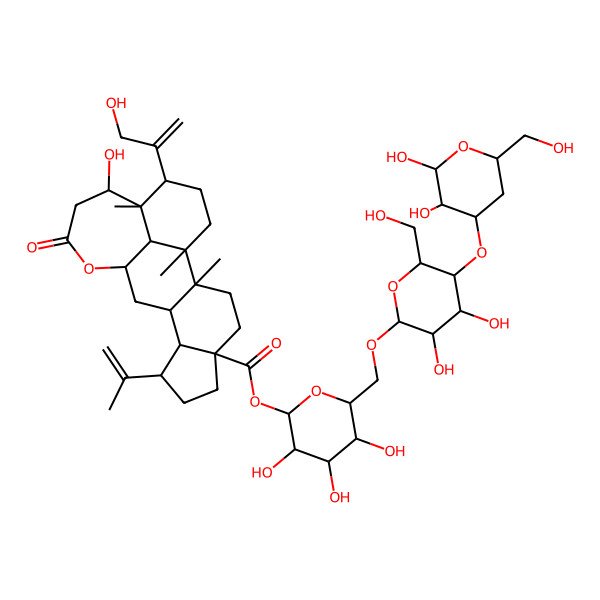 2D Structure of [(2S,3R,4S,5S,6R)-6-[[(2R,3R,4R,5S,6R)-5-[(2R,3S,4R,6S)-2,3-dihydroxy-6-(hydroxymethyl)oxan-4-yl]oxy-3,4-dihydroxy-6-(hydroxymethyl)oxan-2-yl]oxymethyl]-3,4,5-trihydroxyoxan-2-yl] (1R,2R,5S,8R,9S,10R,12R,16R,17S,18S,21S)-16-hydroxy-18-(3-hydroxyprop-1-en-2-yl)-1,2,17-trimethyl-14-oxo-8-prop-1-en-2-yl-13-oxapentacyclo[10.8.1.02,10.05,9.017,21]henicosane-5-carboxylate