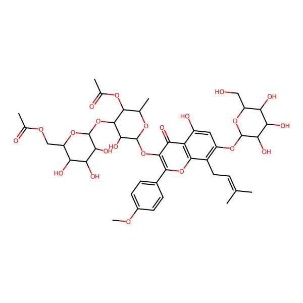 2D Structure of [6-[5-Acetyloxy-3-hydroxy-2-[5-hydroxy-2-(4-methoxyphenyl)-8-(3-methylbut-2-enyl)-4-oxo-7-[3,4,5-trihydroxy-6-(hydroxymethyl)oxan-2-yl]oxychromen-3-yl]oxy-6-methyloxan-4-yl]oxy-3,4,5-trihydroxyoxan-2-yl]methyl acetate