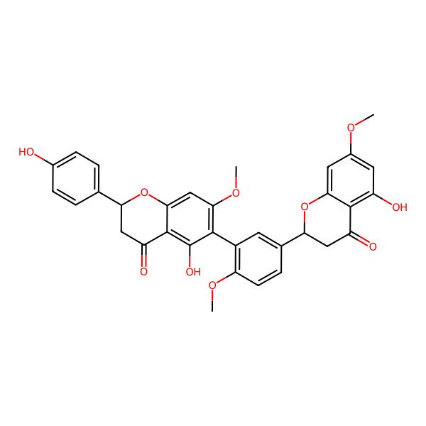 2D Structure of 5-Hydroxy-6-[5-(5-hydroxy-7-methoxy-4-oxo-2,3-dihydrochromen-2-yl)-2-methoxyphenyl]-2-(4-hydroxyphenyl)-7-methoxy-2,3-dihydrochromen-4-one
