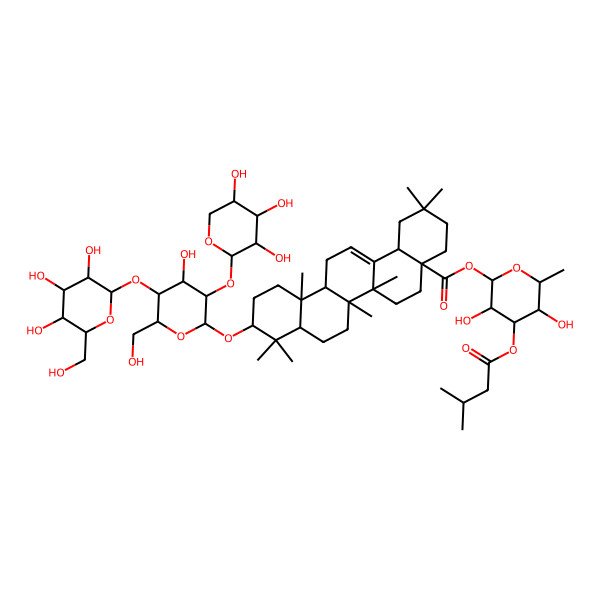 2D Structure of [(2S,3R,4R,5S,6S)-3,5-dihydroxy-6-methyl-4-(3-methylbutanoyloxy)oxan-2-yl] (4aS,6aR,6aS,6bR,8aR,10S,12aR,14bS)-10-[(2R,3R,4S,5S,6R)-4-hydroxy-6-(hydroxymethyl)-5-[(2S,3R,4S,5S,6R)-3,4,5-trihydroxy-6-(hydroxymethyl)oxan-2-yl]oxy-3-[(2S,3R,4S,5R)-3,4,5-trihydroxyoxan-2-yl]oxyoxan-2-yl]oxy-2,2,6a,6b,9,9,12a-heptamethyl-1,3,4,5,6,6a,7,8,8a,10,11,12,13,14b-tetradecahydropicene-4a-carboxylate