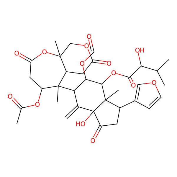 2D Structure of [6-(4-acetyloxy-5,9a-dimethyl-2,7-dioxo-4,5a,6,9-tetrahydro-3H-pyrano[3,4-b]oxepin-5-yl)-5-formyloxy-3-(furan-3-yl)-7a-hydroxy-3a-methyl-7-methylidene-1-oxo-3,4,5,6-tetrahydro-2H-inden-4-yl] 2-hydroxy-3-methylbutanoate