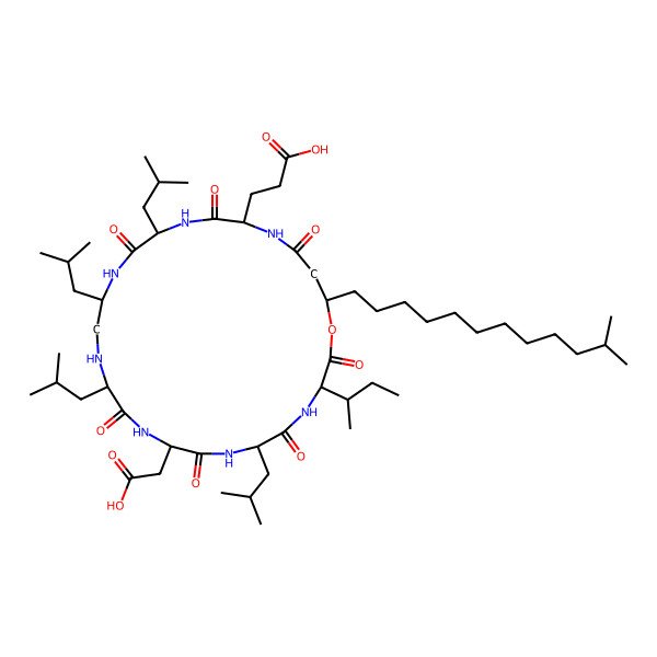 2D Structure of 3-[(3S,6R,9S,12S,15R,18S,21S)-3-[(2S)-butan-2-yl]-9-(carboxymethyl)-25-(11-methyldodecyl)-6,12,15,18-tetrakis(2-methylpropyl)-2,5,8,11,17,20,23-heptaoxo-1-oxa-4,7,10,13,16,19,22-heptazacyclopentacos-21-yl]propanoic acid