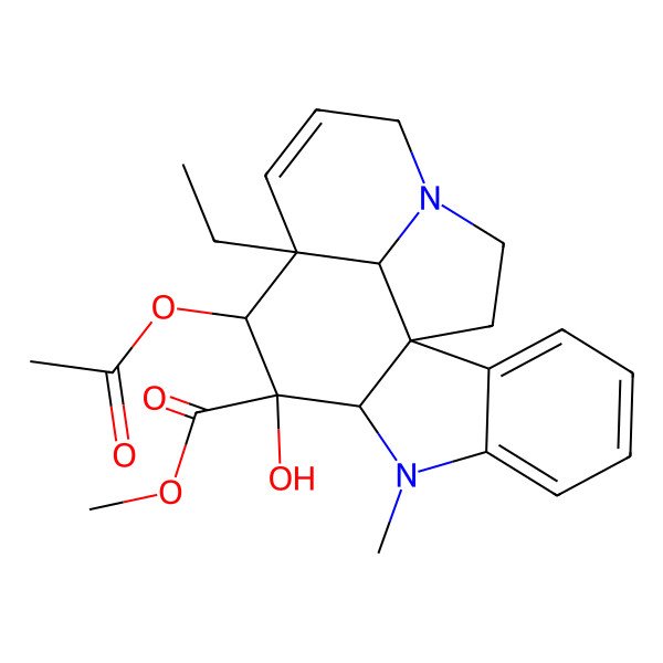 2D Structure of methyl (1R,9R,10S,12R,19R)-11-acetyloxy-12-ethyl-10-hydroxy-8-methyl-8,16-diazapentacyclo[10.6.1.01,9.02,7.016,19]nonadeca-2,4,6,13-tetraene-10-carboxylate