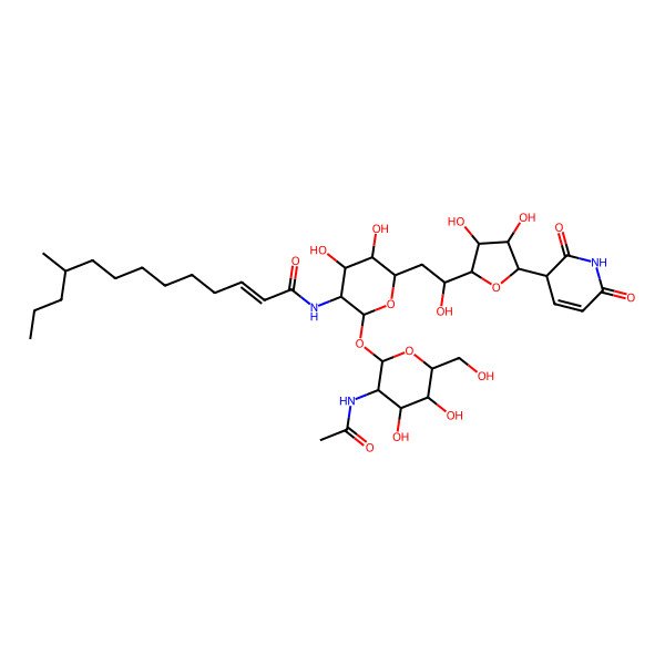 2D Structure of (E)-N-[(3R,4R,5R,6R)-2-[(2R,3R,4R,5S,6R)-3-acetamido-4,5-dihydroxy-6-(hydroxymethyl)oxan-2-yl]oxy-6-[(2R)-2-[(2R,4S,5S)-5-(2,6-dioxo-3H-pyridin-3-yl)-3,4-dihydroxyoxolan-2-yl]-2-hydroxyethyl]-4,5-dihydroxyoxan-3-yl]-10-methyltridec-2-enamide