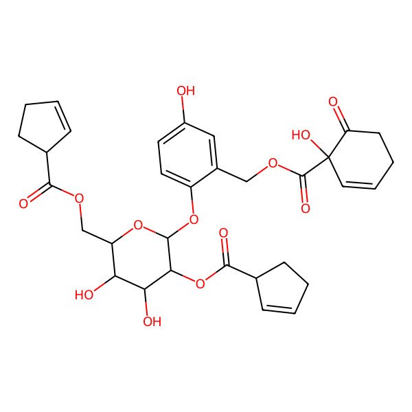 2D Structure of [2-[(2S,3R,4S,5S,6R)-3-(cyclopent-2-ene-1-carbonyloxy)-6-(cyclopent-2-ene-1-carbonyloxymethyl)-4,5-dihydroxyoxan-2-yl]oxy-5-hydroxyphenyl]methyl 1-hydroxy-6-oxocyclohex-2-ene-1-carboxylate