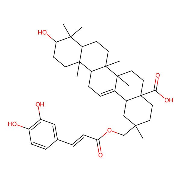 2D Structure of (2R,4aR,6aR,6aS,6bR,8aR,10S,12aR,14bR)-2-[[(E)-3-(3,4-dihydroxyphenyl)prop-2-enoyl]oxymethyl]-10-hydroxy-2,6a,6b,9,9,12a-hexamethyl-1,3,4,5,6,6a,7,8,8a,10,11,12,13,14b-tetradecahydropicene-4a-carboxylic acid
