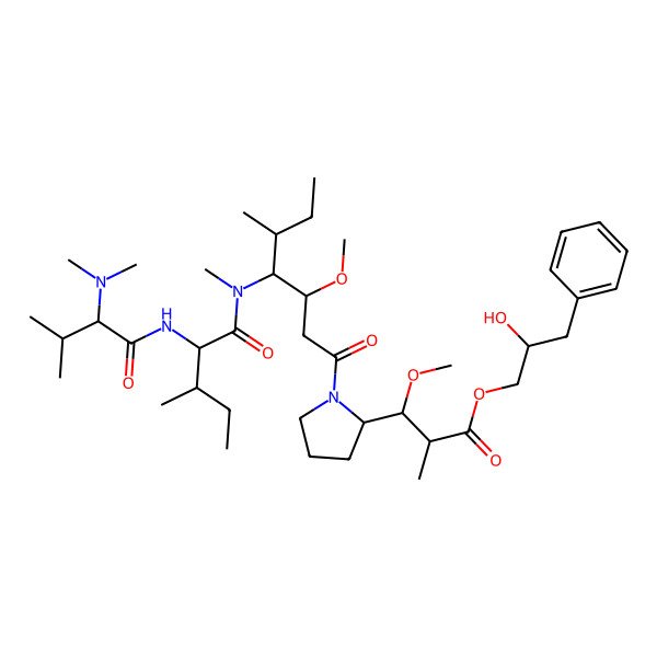 2D Structure of (2-Hydroxy-3-phenylpropyl) 3-[1-[4-[[2-[[2-(dimethylamino)-3-methylbutanoyl]amino]-3-methylpentanoyl]-methylamino]-3-methoxy-5-methylheptanoyl]pyrrolidin-2-yl]-3-methoxy-2-methylpropanoate