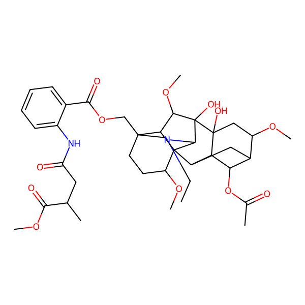 2D Structure of [(1S,2R,3R,4S,5R,6S,8R,9S,10S,13S,16S,17R,18S)-4-acetyloxy-11-ethyl-8,9-dihydroxy-6,16,18-trimethoxy-11-azahexacyclo[7.7.2.12,5.01,10.03,8.013,17]nonadecan-13-yl]methyl 2-[[(3R)-4-methoxy-3-methyl-4-oxobutanoyl]amino]benzoate