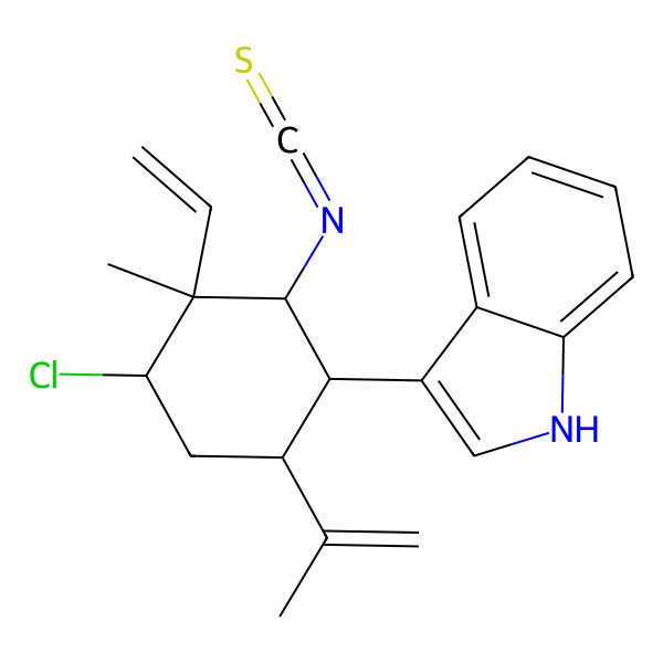 2D Structure of 3-[(1R,2S,3S,4S,6R)-4-chloro-3-ethenyl-2-isothiocyanato-3-methyl-6-prop-1-en-2-ylcyclohexyl]-1H-indole