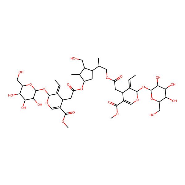 2D Structure of methyl (4S,5E,6S)-5-ethylidene-4-[2-[(2R)-2-[(1S,2R,3R,4S)-4-[2-[(2S,3E,4S)-3-ethylidene-5-methoxycarbonyl-2-[(2S,3R,4S,5S,6R)-3,4,5-trihydroxy-6-(hydroxymethyl)oxan-2-yl]oxy-4H-pyran-4-yl]acetyl]oxy-2-(hydroxymethyl)-3-methylcyclopentyl]propoxy]-2-oxoethyl]-6-[(2S,3R,4S,5S,6R)-3,4,5-trihydroxy-6-(hydroxymethyl)oxan-2-yl]oxy-4H-pyran-3-carboxylate